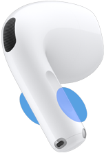 AirPods 5 In-Ear Kopfhörer von außen, blaue Kreise zeigen, wo das untere Ende berührt werden muss, um die Lautstärke zu ändern